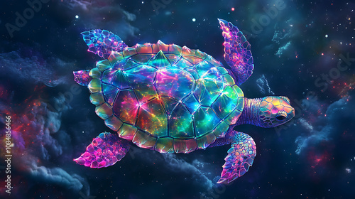 A psychedelic neon colored turtle with cosmic galaxy stars on its shell. photo