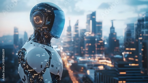 A 3D humanoid AI exploring a city of holographic data structures, with a 2D futuristic skyline in the background. 4k resolution, Cinematic Scene