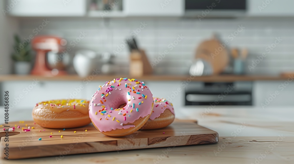 A close-up of colorful donuts with sprinkles on a wooden board in a cozy kitchen setting. A close-up of colorful donuts with sprinkles on a wooden board in a cozy kitchen setting.