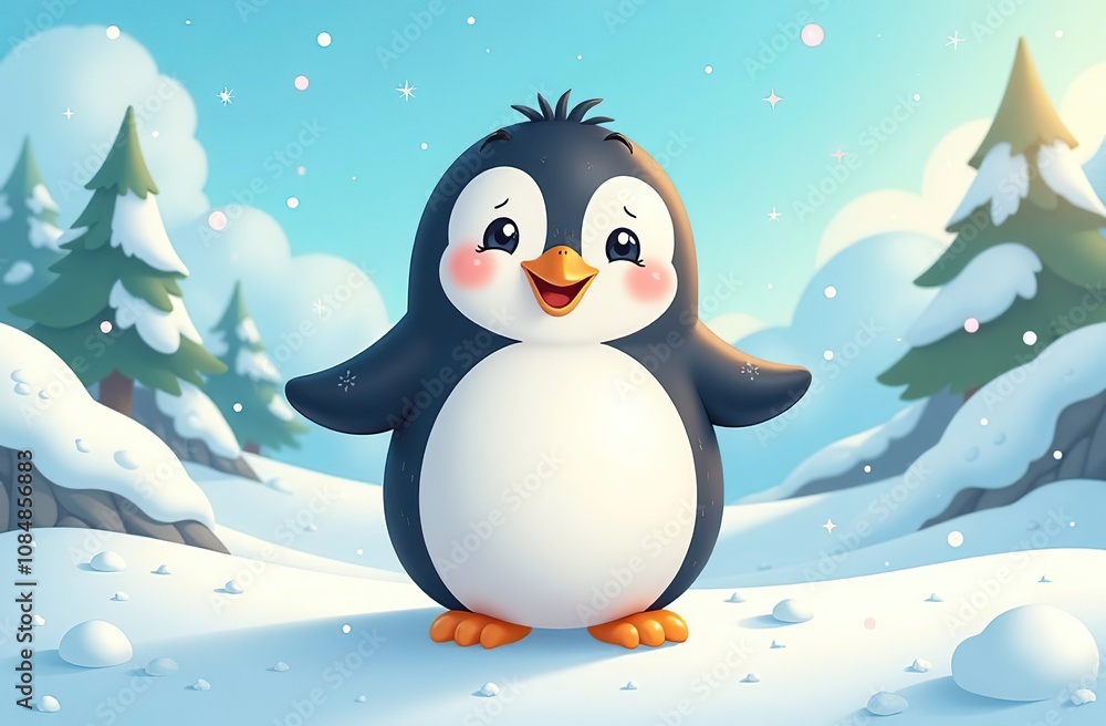 Fototapeta premium Cute cartoon penguin celebrating World Animal Day in a bright and cheerful setting