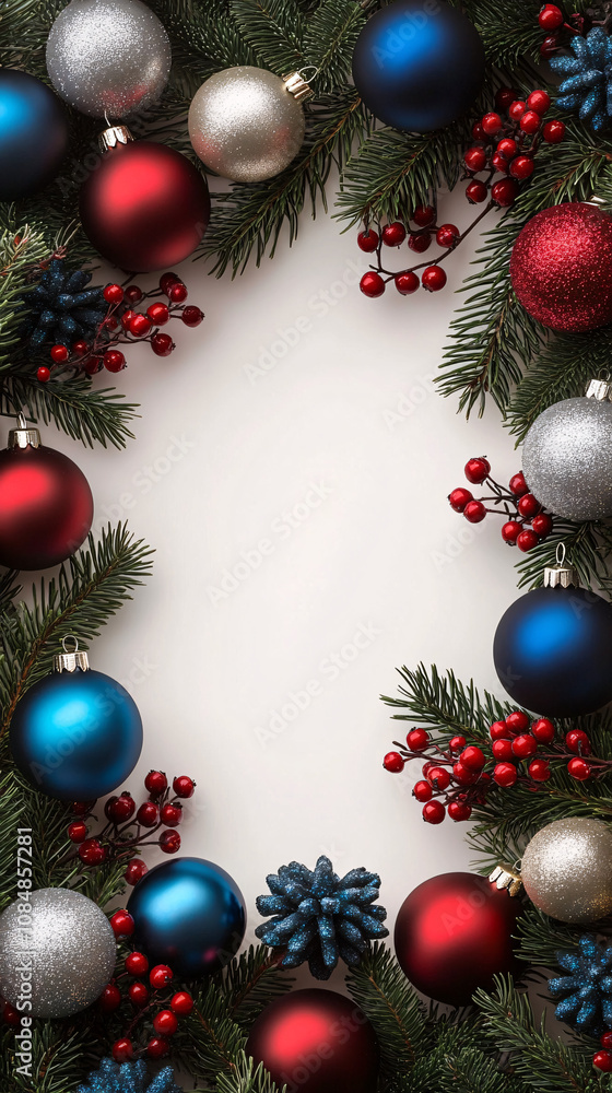 Christmas background with festive ornaments and greenery, perfect for conveying holiday spirit and warmth. Ideal for personalized messages. Christmas background with festive ornaments and greenery, perfect for conveying holiday spirit and warmth. Ideal for personalized messages.