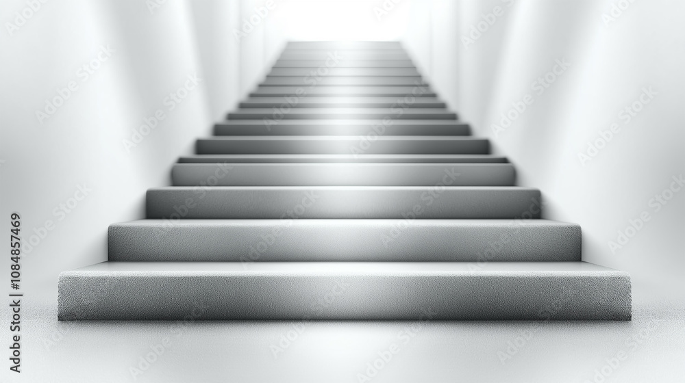 Modern Minimalist Staircase Leading to a Bright Horizon, Symbolizing Progress, Success, and Aspiration in a Futuristic White Space Modern Minimalist Staircase Leading to a Bright Horizon, Symbolizing Progress, Success, and Aspiration in a Futuristic White Space