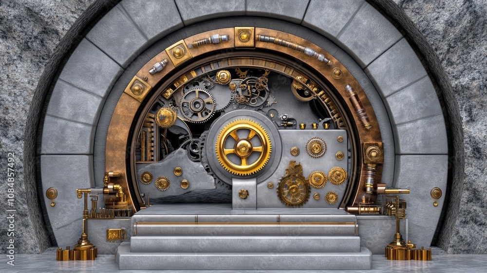 Obraz premium Steampunk Gear Door Industrial Metal Fantasy Architecture Bronze Gold Grey