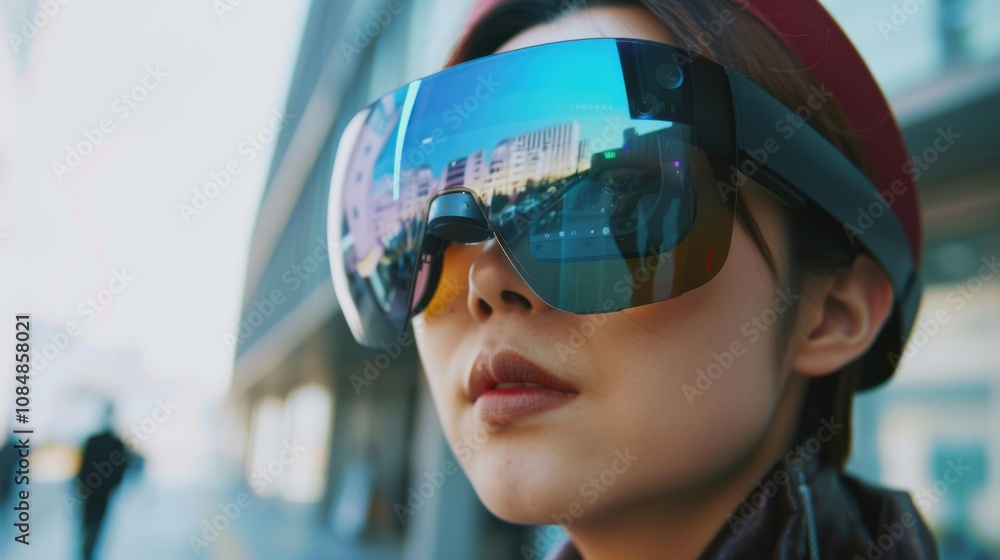 A person using augmented reality glasses for real-time language translation during international travel, symbolizing communication and technology in global mobility, Contemporary lifestyle scene A person using augmented reality glasses for real-time language translation during international travel, symbolizing communication and technology in global mobility, Contemporary lifestyle scene