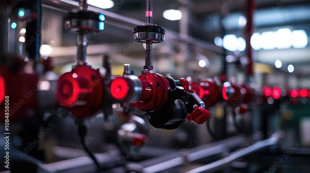 Fototapeta premium Industrial metal pipes with red control valves in a factory setup, showcasing engineering precision