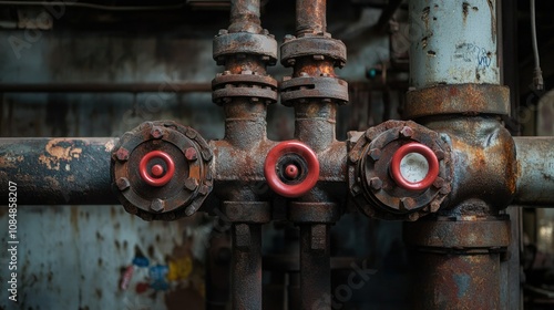 Industrial metal pipes with red valves in a factory setting, capturing engineering details