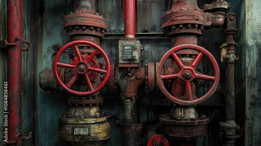 Intricate industrial pipes and red valves in a factory setting, representing heavy machinery Intricate industrial pipes and red valves in a factory setting, representing heavy machinery
