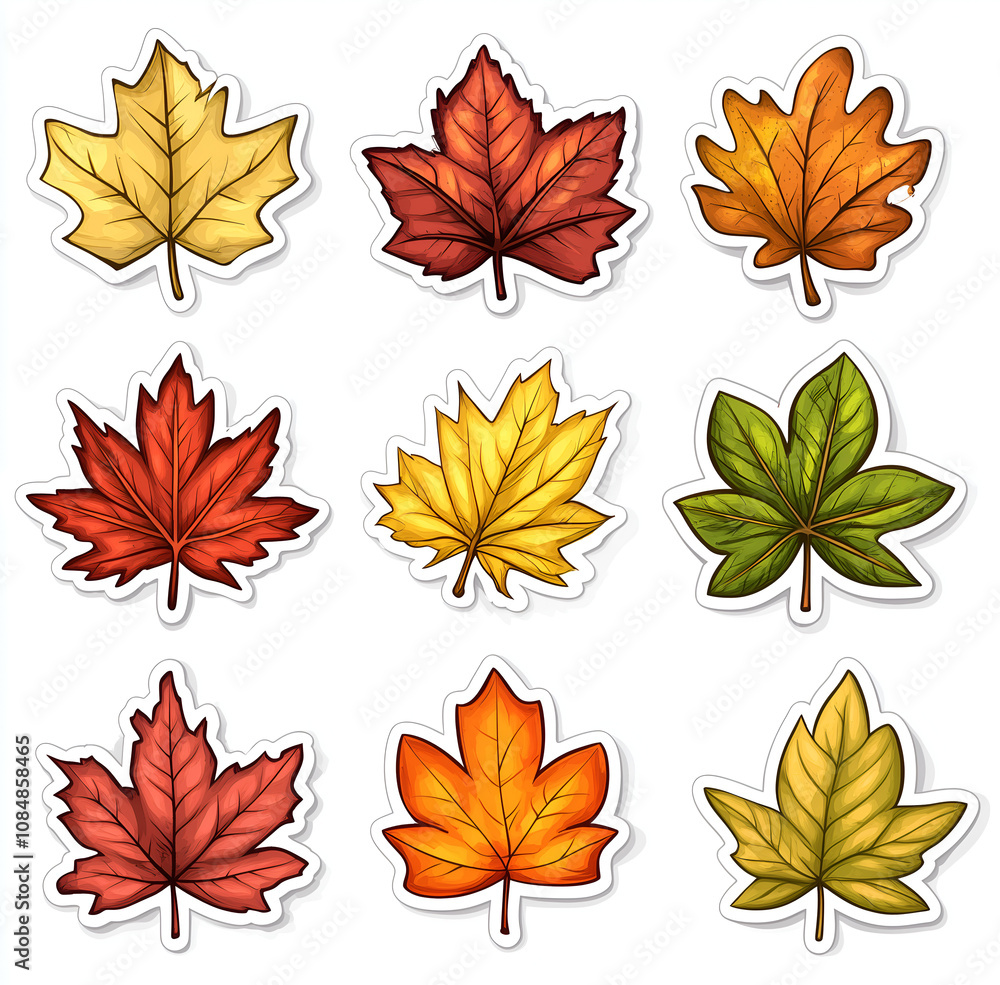 Hand-drawn of maple leaves in autumn colors, a white background Hand-drawn of maple leaves in autumn colors, a white background