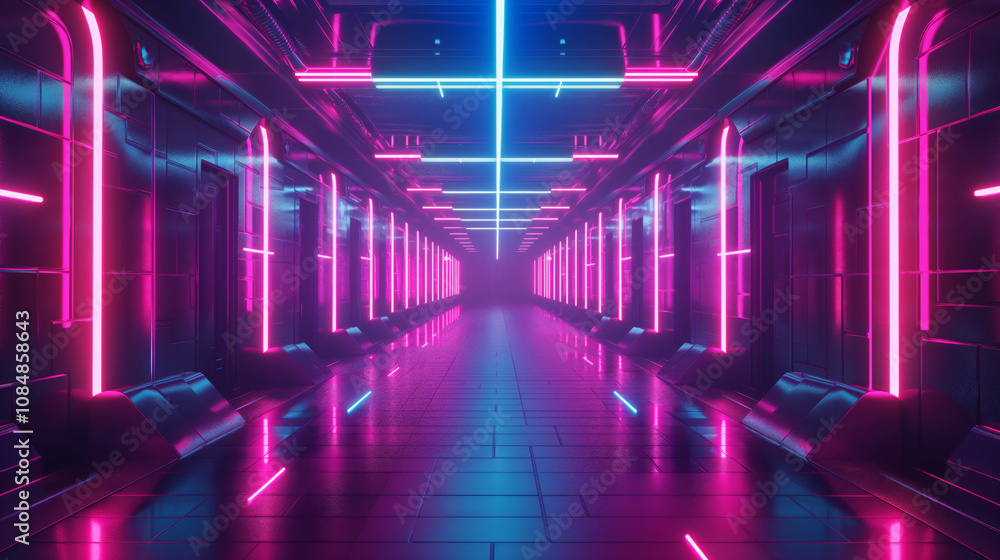 Fototapeta premium Sci-fi style pink and blue neon corridor