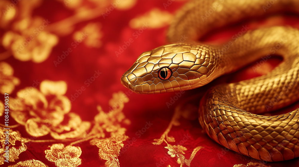 Shiny golden snake on a red background. 2025 New Year of the Snake, Lunar New Year or Chinese New Year. Tet. Zodiac animal character. Copyspace for your text. Shiny golden snake on a red background. 2025 New Year of the Snake, Lunar New Year or Chinese New Year. Tet. Zodiac animal character. Copyspace for your text.