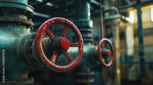 Large industrial pipes with red valves, focusing on the mechanical and engineering aspect