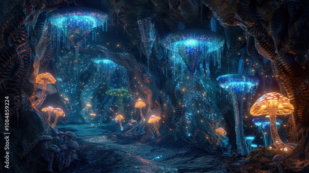 A labyrinth of glowing pathways leading to hidden corners adorned with glowing mushrooms and sparkling crystals. A labyrinth of glowing pathways leading to hidden corners adorned with glowing mushrooms and sparkling crystals.