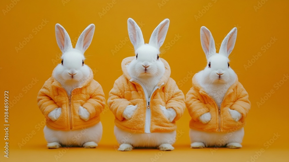 Adorable White Rabbits Dressed in Cozy Fireplace Themed Outfits on a Plain Orange Background with Studio Lighting Adorable White Rabbits Dressed in Cozy Fireplace Themed Outfits on a Plain Orange Background with Studio Lighting