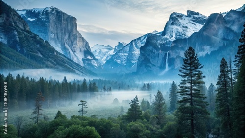 Serene Mountain Valley with Misty Forest and Majestic Peaks at Dawn