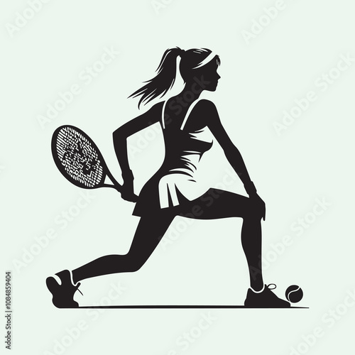 Tennis player woman silhouette vector icon black and white full body