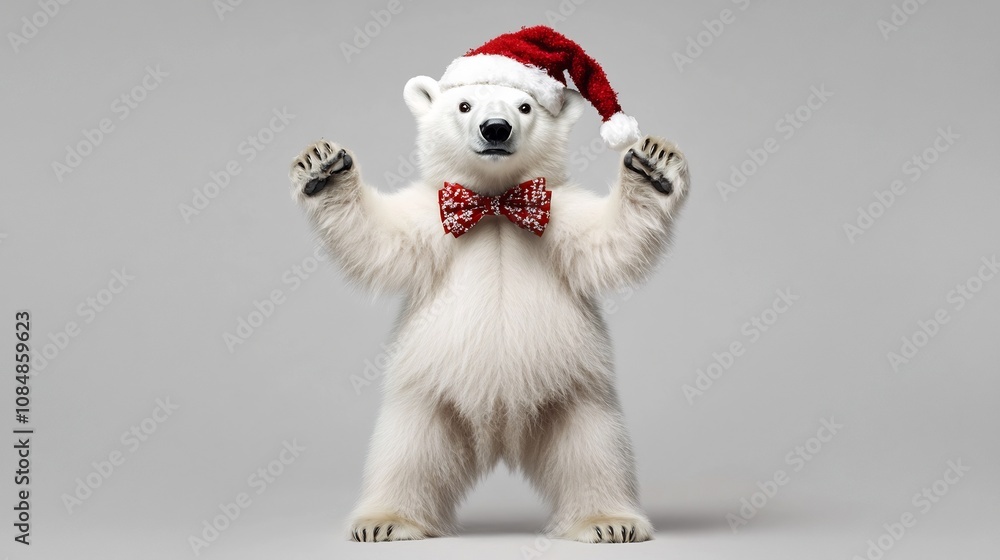 Cheerful Polar Bear in Festive Holiday Outfit on Gray Background Cheerful Polar Bear in Festive Holiday Outfit on Gray Background