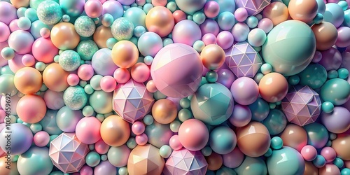 Pastel Spheres and Geometric Forms A Colorful Abstract Composition of Shiny, Iridescent Balls and Polyhedrons