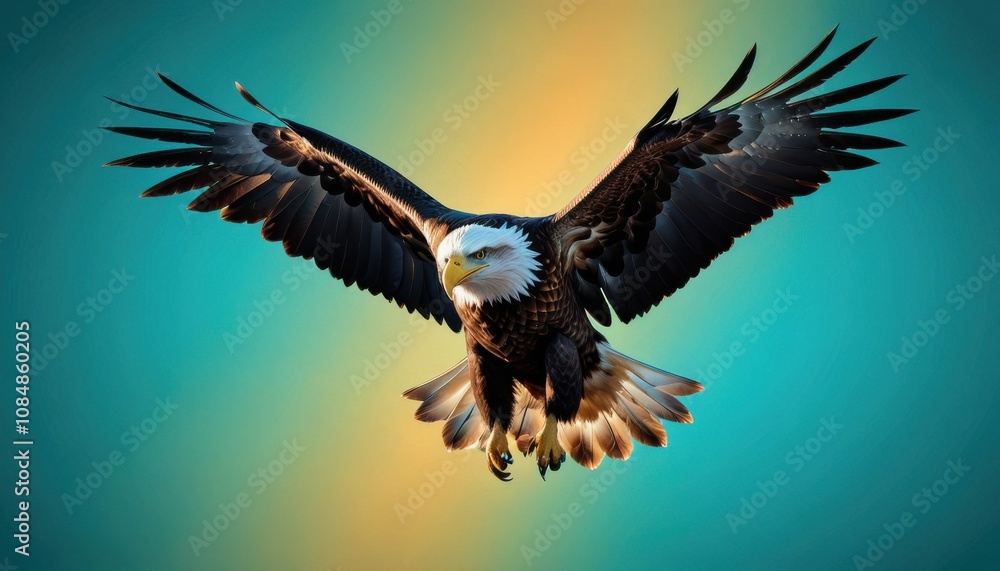 A powerful eagle in flight, its silhouette stark against a vibrant teal and turquoise gradient background, capturing the essence of freedom. A powerful eagle in flight, its silhouette stark against a vibrant teal and turquoise gradient background, capturing the essence of freedom.