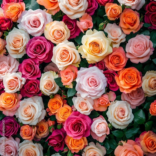 A vibrant display of assorted roses in various colors, showcasing their beauty and elegance against a lush green backdrop.