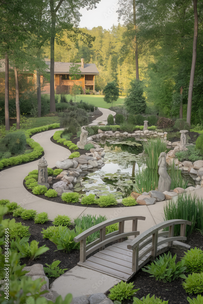 Peaceful Japanese garden with a koi pond. Beautiful garden photography with stone pathways and pond in a peaceful natural outdoor setting.