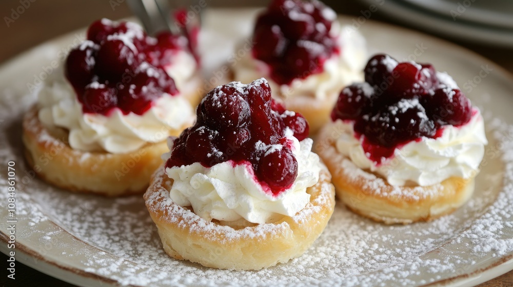 Plate of delicate round pastries, topped with whipped cream and cranberry sauce, showcasing a perfect combination of sweetness and tartness. Plate of delicate round pastries, topped with whipped cream and cranberry sauce, showcasing a perfect combination of sweetness and tartness.
