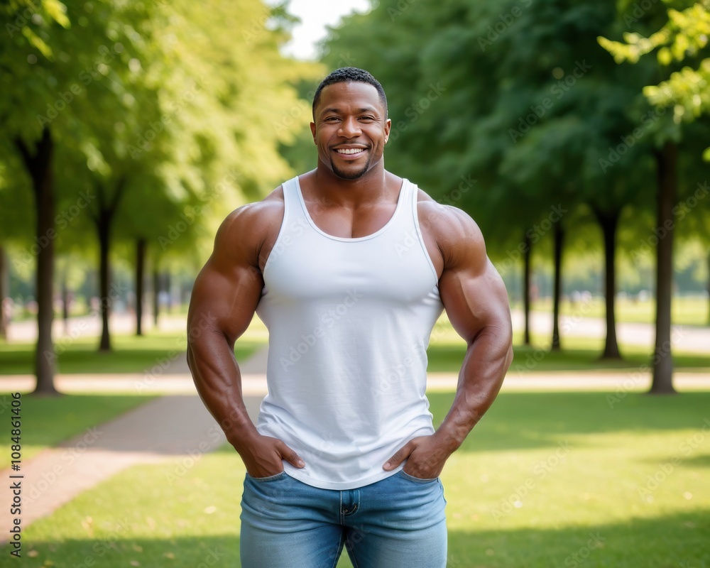 Muscular black man wearing white tank top and jeans standing in the park Muscular black man wearing white tank top and jeans standing in the park