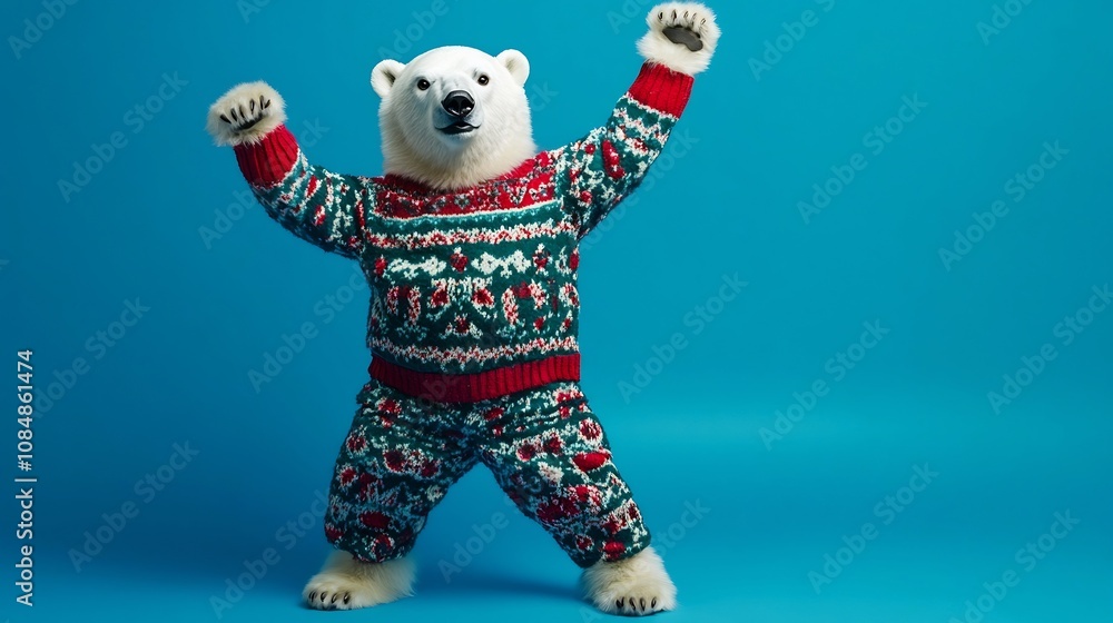 Joyful Polar Bear Dressed in Festive Holiday Pajamas on Blue Background with Studio Lighting Joyful Polar Bear Dressed in Festive Holiday Pajamas on Blue Background with Studio Lighting