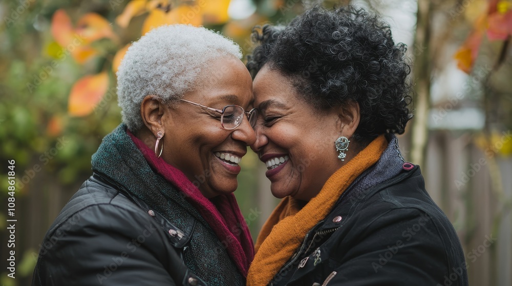 Harmony in Diversity: Older LGBTQ+ Couple Cherishing a Genuine Laughter Moment in Natural Light with Sharp Focus on Diverse Skin Tones Harmony in Diversity: Older LGBTQ+ Couple Cherishing a Genuine Laughter Moment in Natural Light with Sharp Focus on Diverse Skin Tones