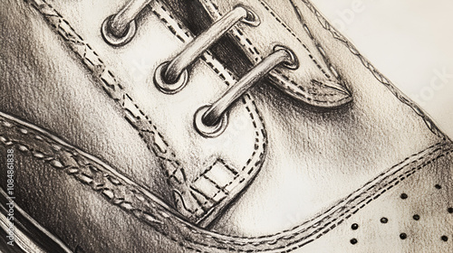Close-up Pencil Sketch of Shoe Laces, Eyelets, and Fine Leather Stitching Detail