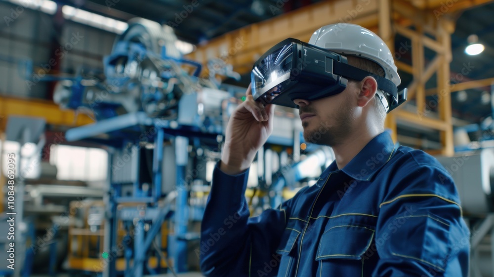 A professional using augmented reality glasses for remote assistance and troubleshooting in industrial settings, symbolizing efficiency and technology in remote technical support