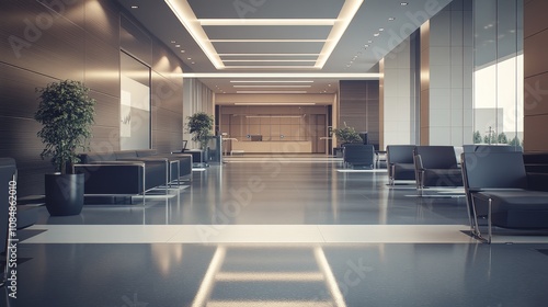 Modern office lobby with sleek design, seating areas, and natural lighting.