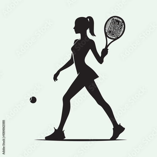 Tennis player woman silhouette vector icon black and white full body