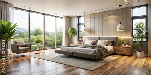 Wallpaper Mural Serene Master Bedroom Retreat with Abundant Natural Light and Lush Greenery Torontodigital.ca