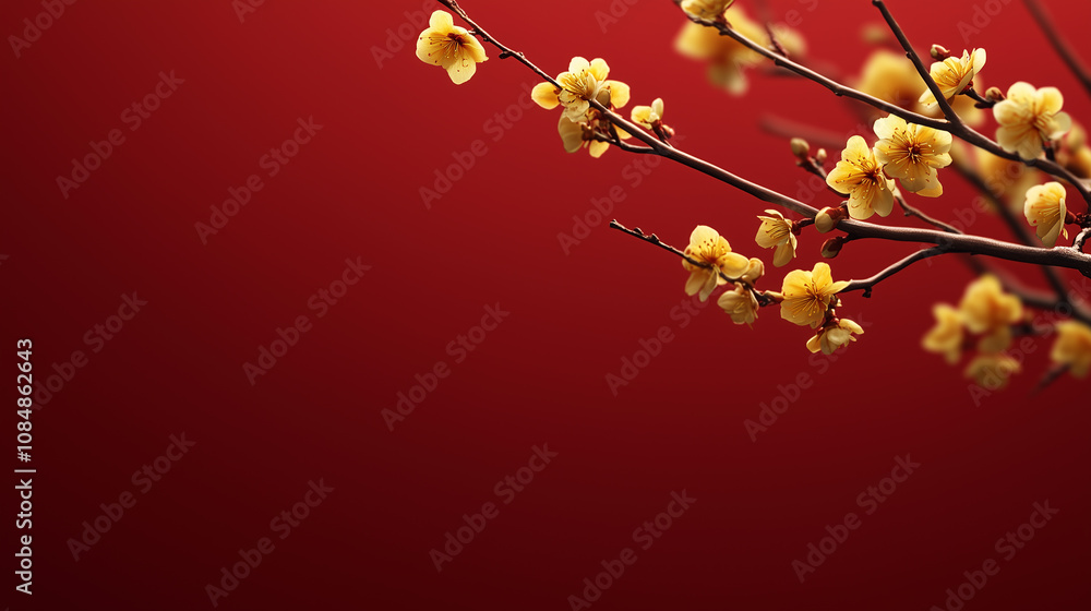 Branches with yellow apricot flowers on a bright red background. Tet, Lunar New Year or Chinese New Year card background, copyspace for your text. Spring flowers. Branches with yellow apricot flowers on a bright red background. Tet, Lunar New Year or Chinese New Year card background, copyspace for your text. Spring flowers.