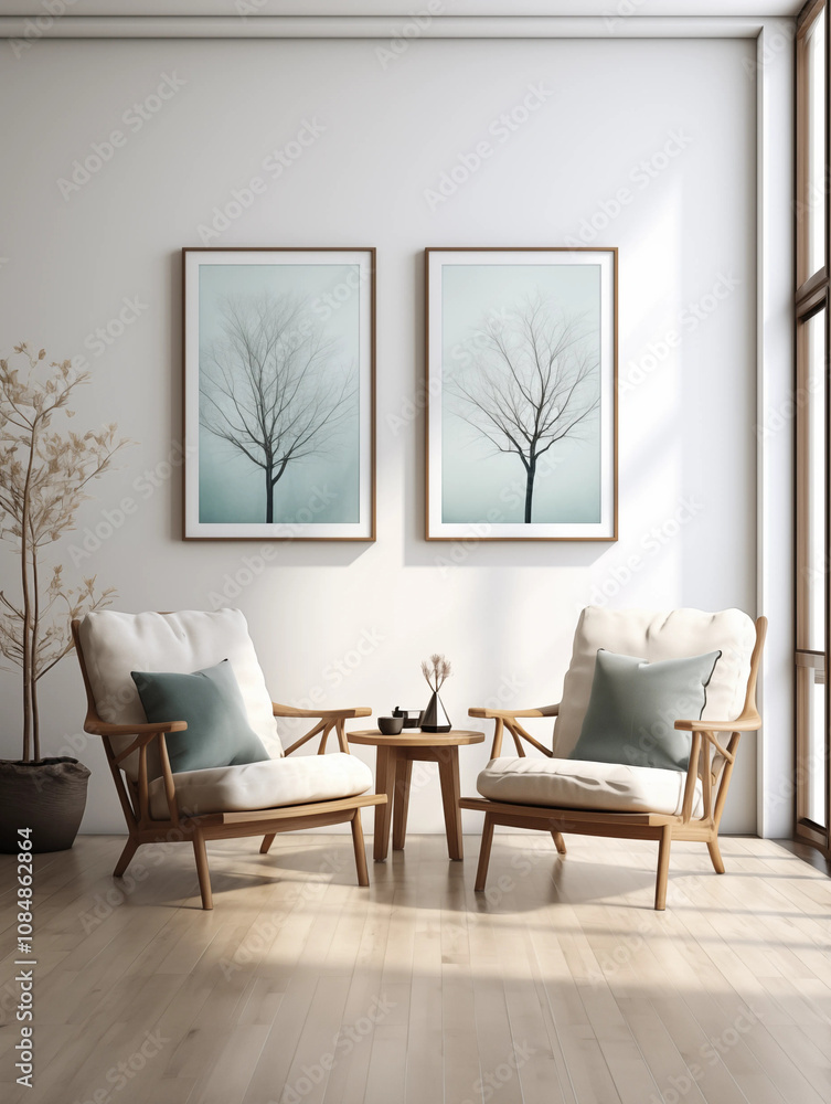 Obraz premium Minimalist Living Room Two Wooden Armchairs Side Table Tree Artwork