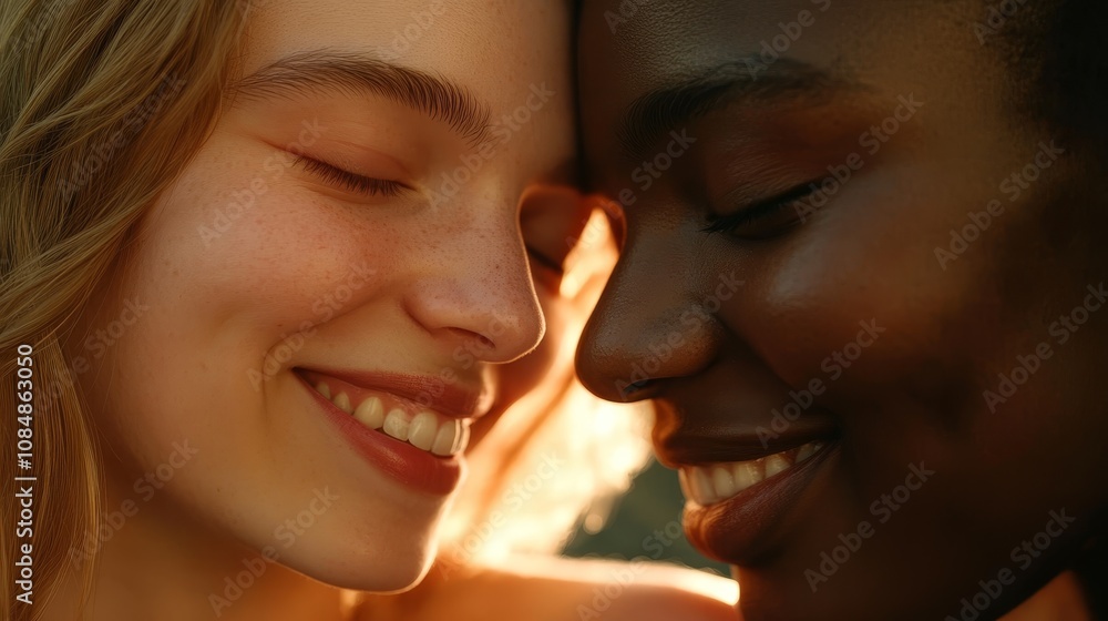 Embracing Love: Intimate Close-up Portrait of LGBTQ Couple with Mixed Skin Tones Showing Deep Connection and Gentle Smiles Embracing Love: Intimate Close-up Portrait of LGBTQ Couple with Mixed Skin Tones Showing Deep Connection and Gentle Smiles