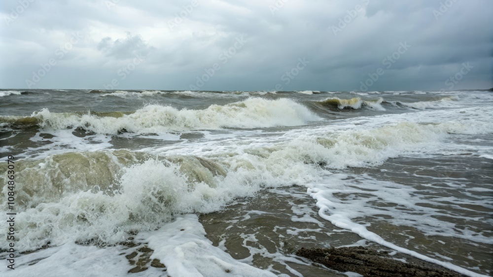 Turbulent Ocean Waves Crashing on a Sandy Shore Under a Stormy Sky