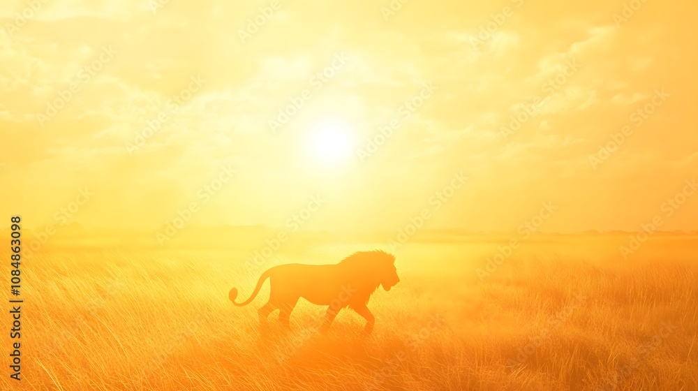1. A lion walking through a golden savannah at noon, with the sun casting intense light, creating an overexposed silhouette 1. A lion walking through a golden savannah at noon, with the sun casting intense light, creating an overexposed silhouette