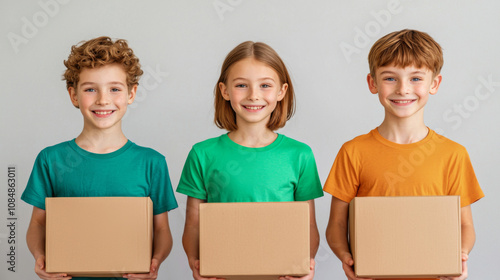 Children smiling while holding cardboard boxes indoor studio portrait photography neutral background playful concept for engaging content