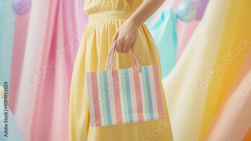 Woman s Hand Holding Striped Paper Shopping Bag in Pastel Rainbow Gift Haven