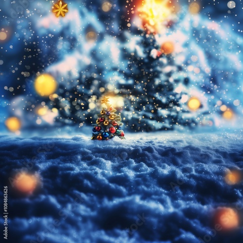 a small tiny christmas tree in a snowy forest, the light shines bright through the tree, nowflakes float gently through the air, winter air, sunlight, Golden bokeh - Generative AI photo