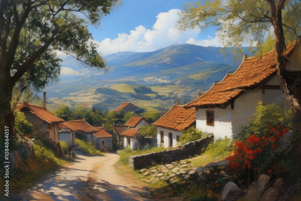 painting of a rural road with houses and trees on both sides painting of a rural road with houses and trees on both sides