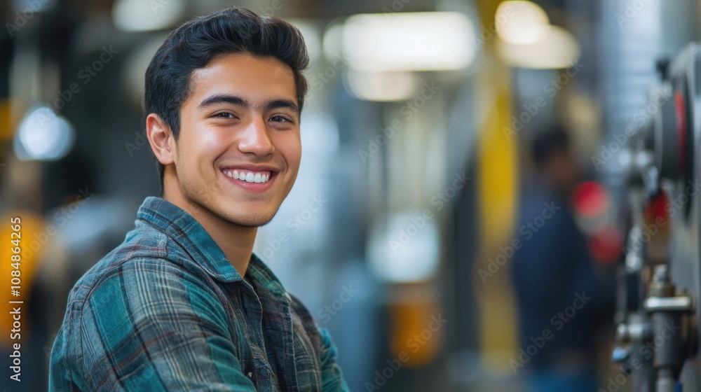 Fototapeta premium A student in casual attire smiling in an industrial environment during a lesson