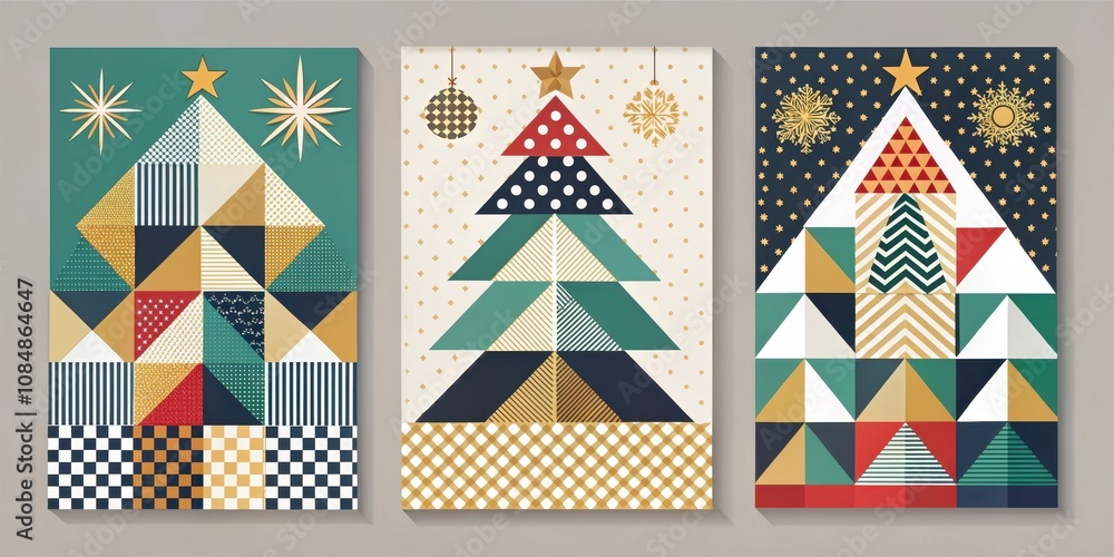 Obraz premium A Trio of Geometric Christmas Tree Designs Featuring Festive Patterns and Shapes
