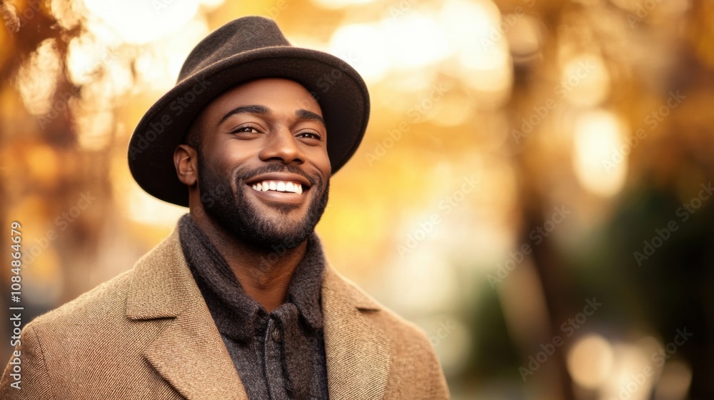 Fototapeta premium Smiling man dressed stylishly in a warm and inviting background