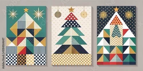 A Trio of Geometric Christmas Tree Designs Featuring Festive Patterns and Shapes