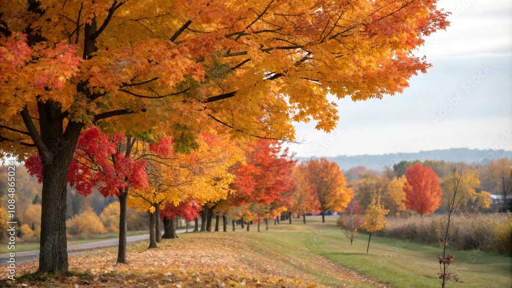A road with autumn leaves on it and a red and yellow tree on the ground A road with autumn leaves on it and a red and yellow tree on the ground