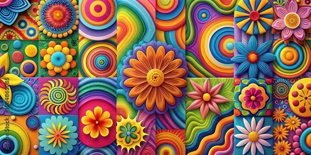 A vibrant tapestry of colorful flowers and swirling abstract patterns creates a cheerful and energetic composition. A vibrant tapestry of colorful flowers and swirling abstract patterns creates a cheerful and energetic composition.