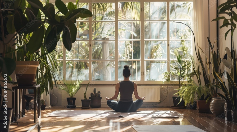 A serene living room with a person practicing yoga in front of a large window, with natural light streaming in and indoor plants adding a touch of green, Wellness practice scene A serene living room with a person practicing yoga in front of a large window, with natural light streaming in and indoor plants adding a touch of green, Wellness practice scene