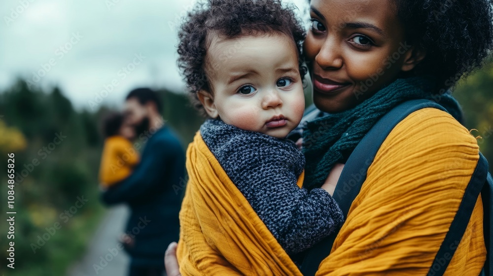 Fototapeta premium Loving Parents Carrying Diverse Toddlers - Embracing Family Unity and Cultural Diversity Through Close-Up Expressions and Natural Skin Tones